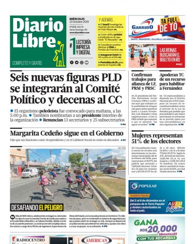 Portada Periódico Diario Libre, Miércoles 23 de Octubre, 2019