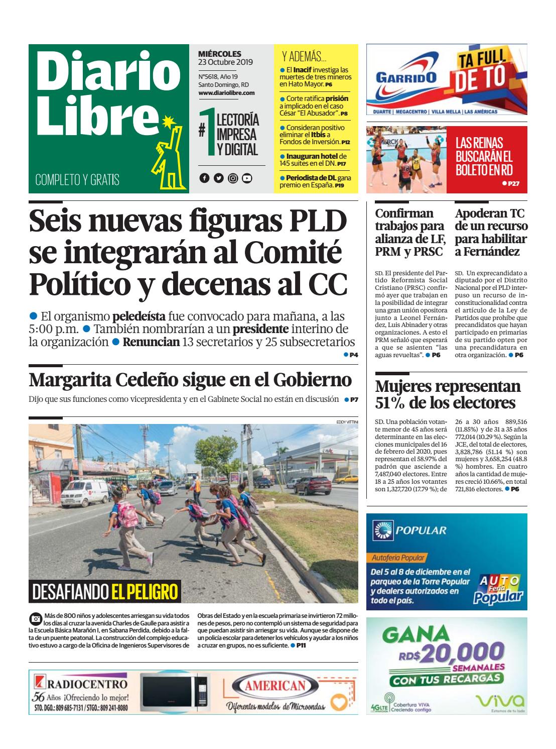 Portada Periódico Diario Libre, Miércoles 23 de Octubre, 2019