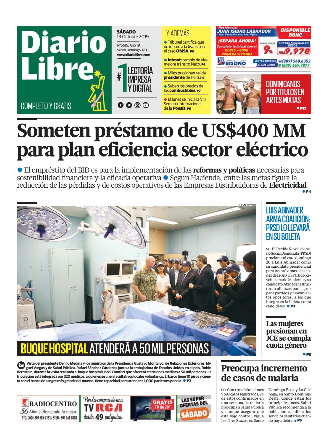 Portada Periódico Diario Libre, Sábado 19 de Octubre, 2019