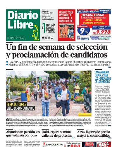 Portada Periódico Diario Libre, Sábado 26 de Octubre, 2019