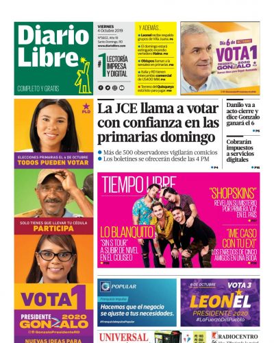 Portada Periódico Diario Libre, Viernes 04 de Octubre, 2019