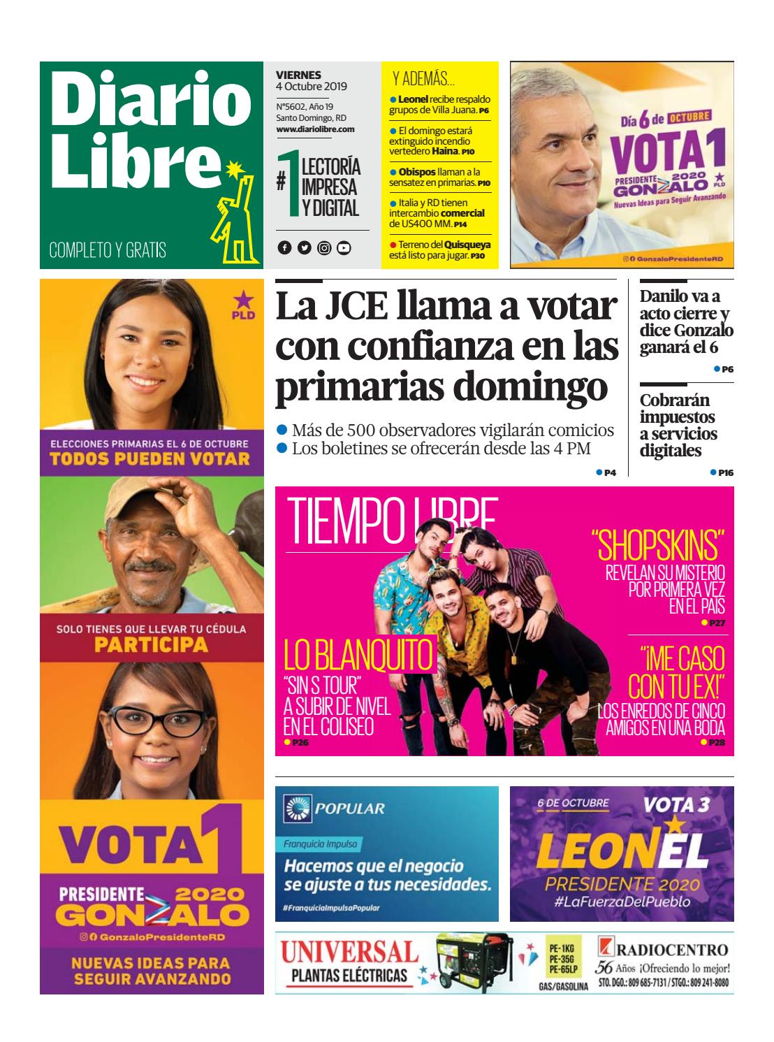 Portada Periódico Diario Libre, Viernes 04 de Octubre, 2019