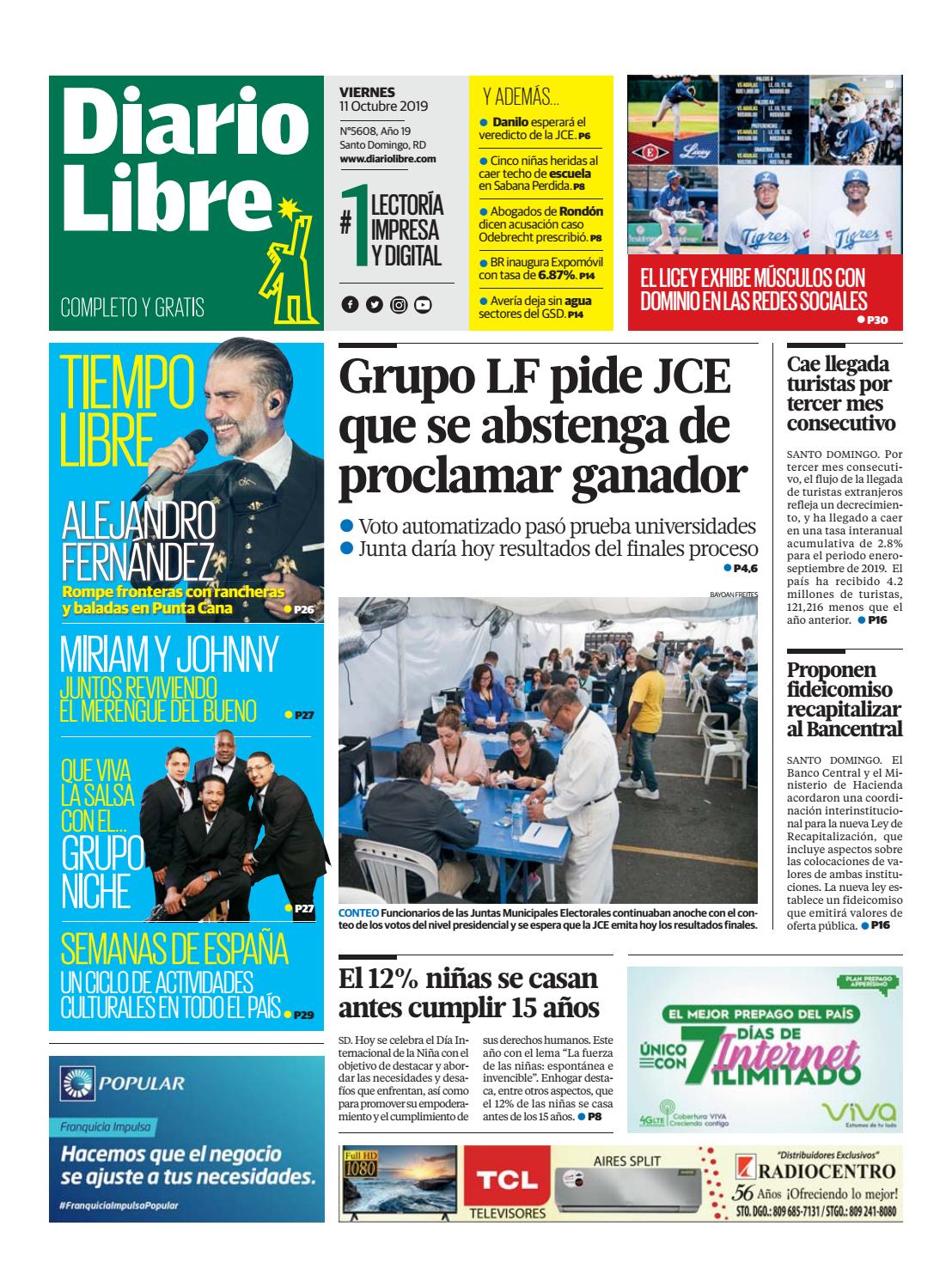 Portada Periódico Diario Libre, Viernes 09 de Octubre, 2019