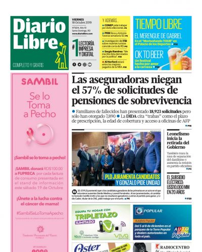 Portada Periódico Diario Libre, Viernes 18 de Octubre, 2019