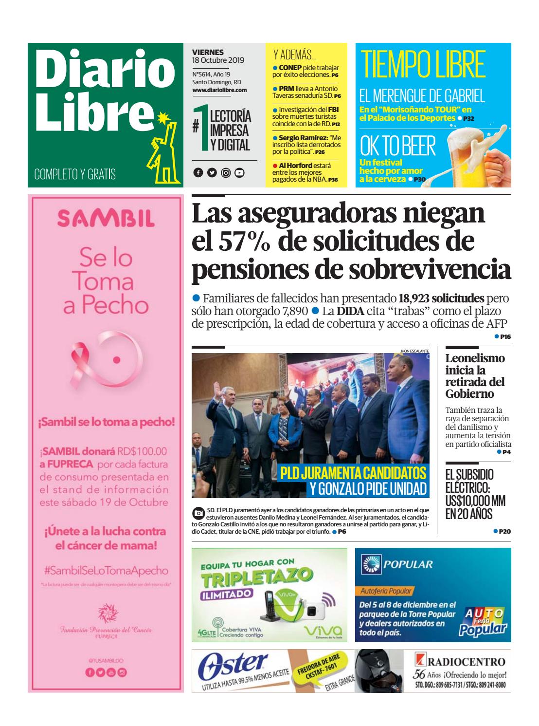 Portada Periódico Diario Libre, Viernes 18 de Octubre, 2019