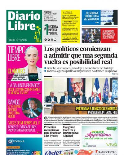 Portada Periódico Diario Libre, Viernes 25 de Octubre, 2019