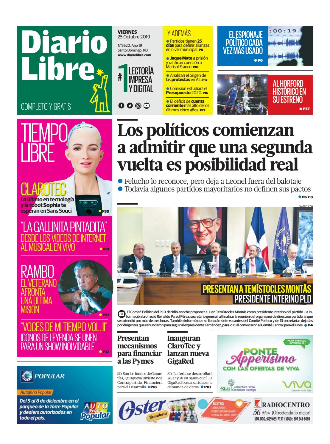 Portada Periódico Diario Libre, Viernes 25 de Octubre, 2019