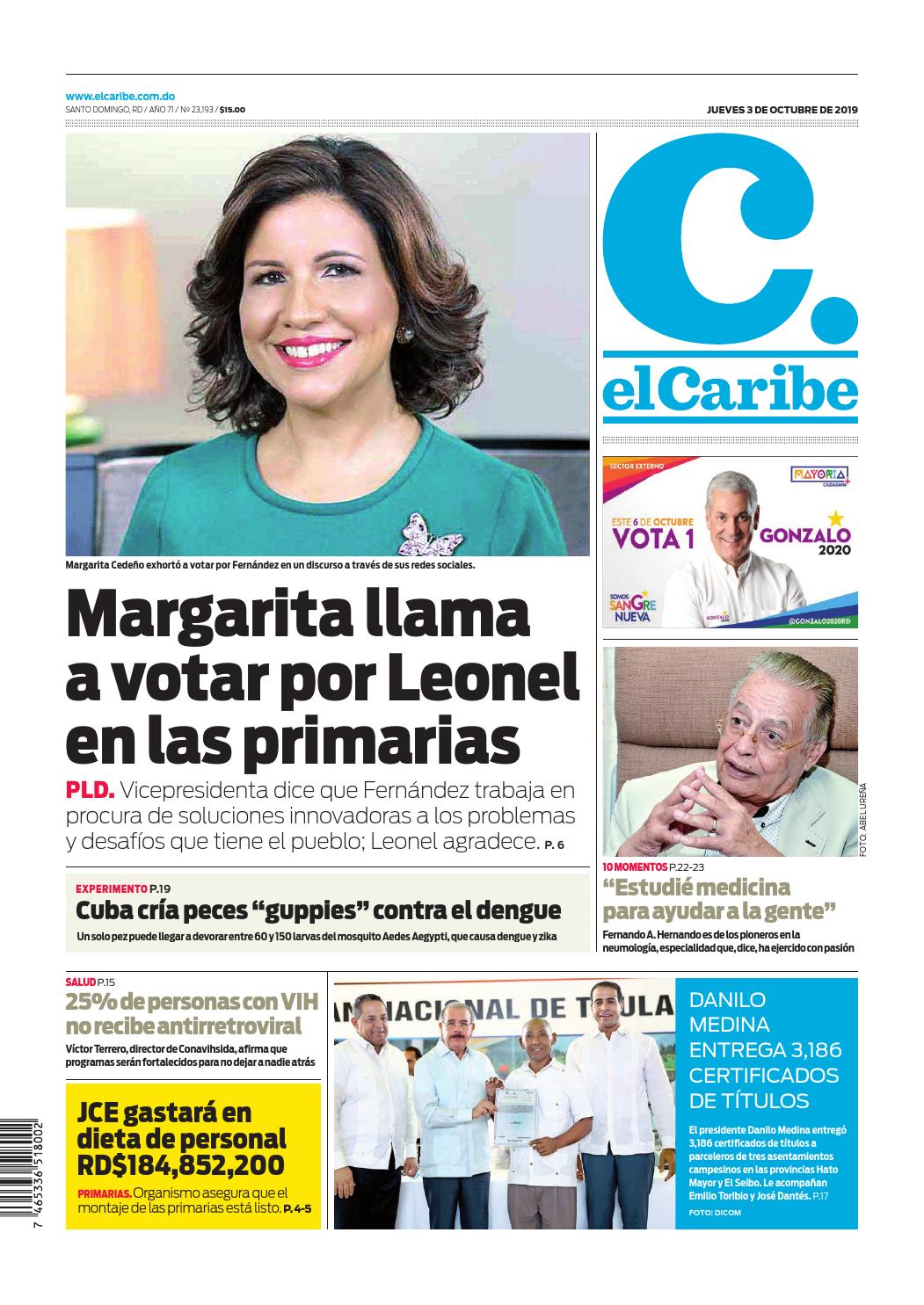 Portada Periódico El Caribe, Jueves 03 de Octubre, 2019
