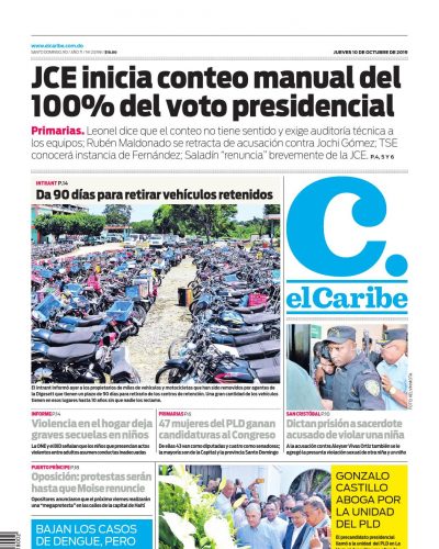 Portada Periódico El Caribe, Jueves 08 de Octubre, 2019