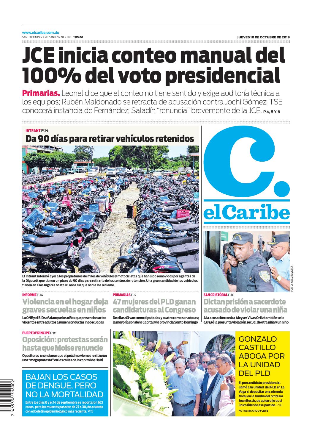 Portada Periódico El Caribe, Jueves 08 de Octubre, 2019