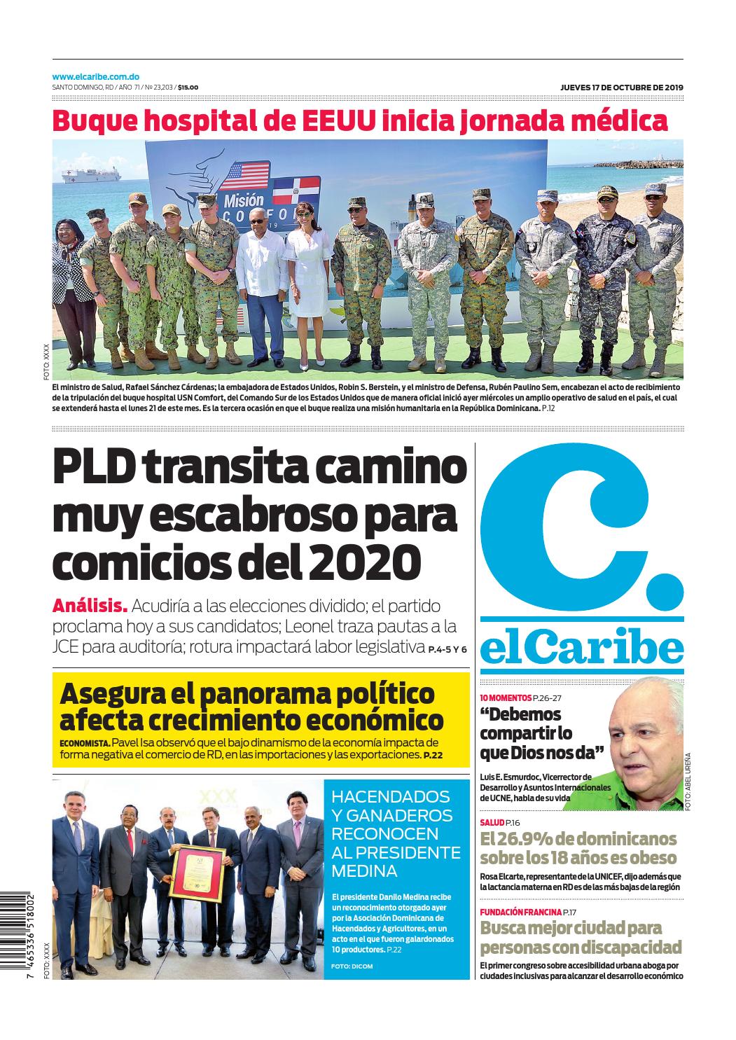 Portada Periódico El Caribe, Jueves 17 de Octubre, 2019