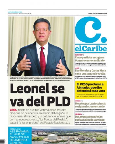 Portada Periódico El Caribe, Lunes 21 de Octubre, 2019