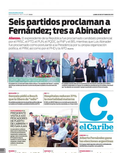 Portada Periódico El Caribe, Lunes 28 de Octubre, 2019