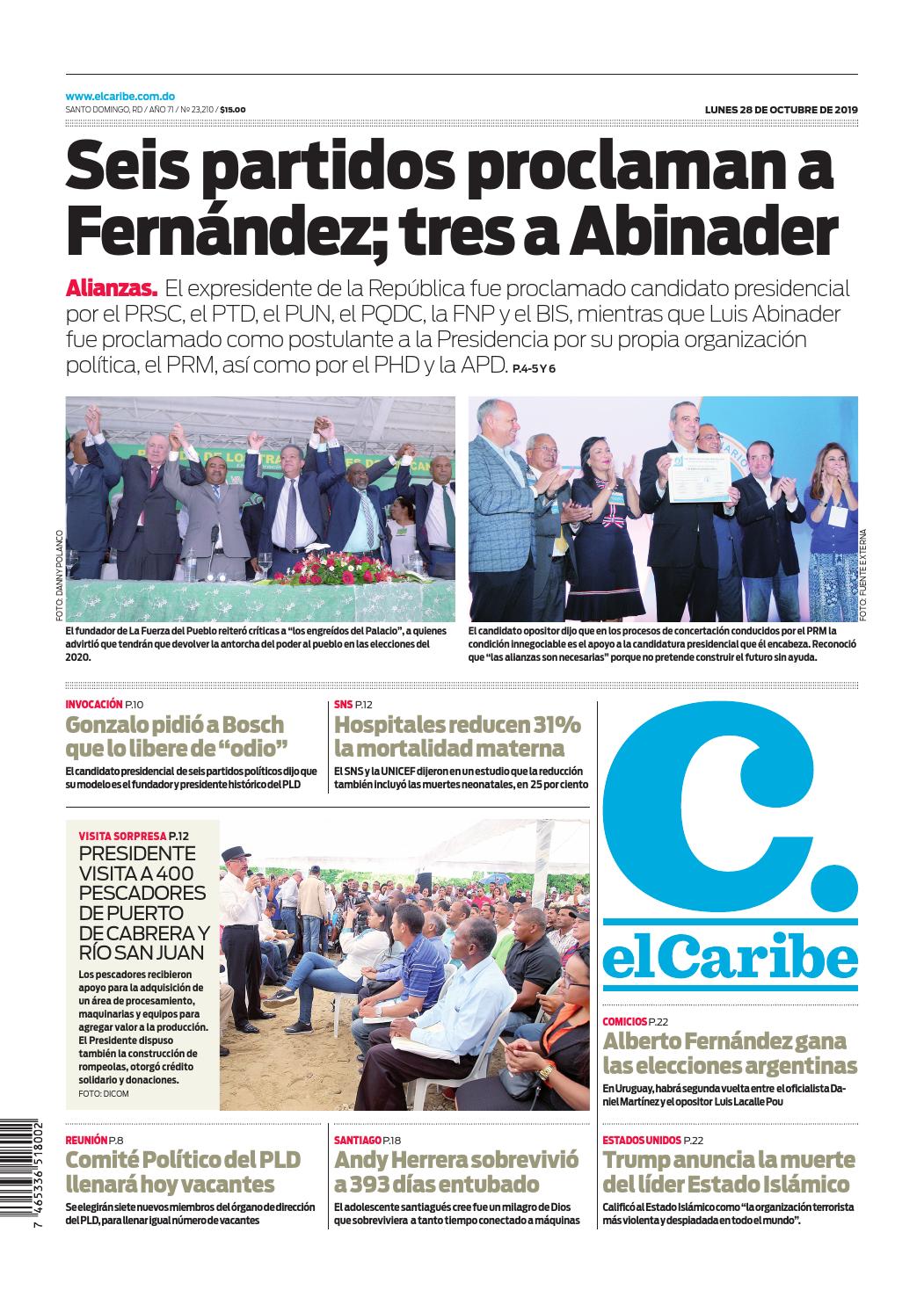 Portada Periódico El Caribe, Lunes 28 de Octubre, 2019