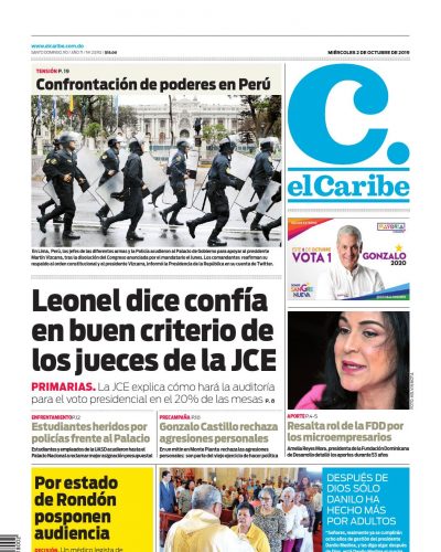 Portada Periódico El Caribe, Miércoles 02 de Octubre, 2019