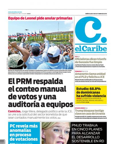 Portada Periódico El Caribe, Miércoles 07 de Octubre, 2019