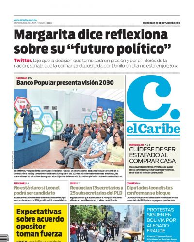 Portada Periódico El Caribe, Miércoles 23 de Octubre, 2019