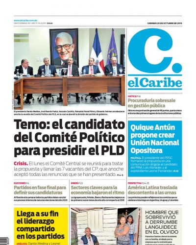 Portada Periódico El Caribe, Viernes 25 de Octubre, 2019