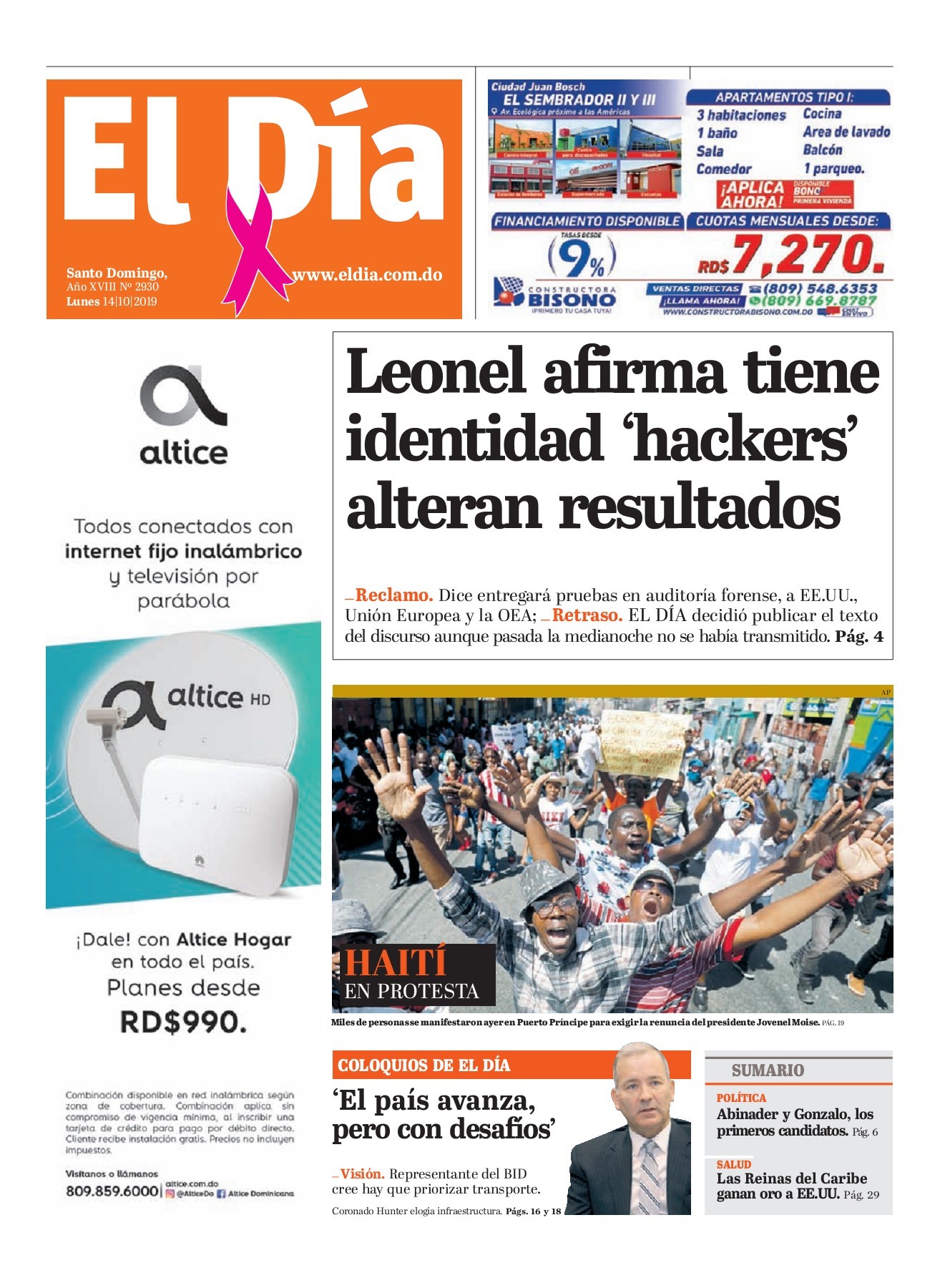 Portada Periódico El Día, Domingo 13 de Octubre, 2019