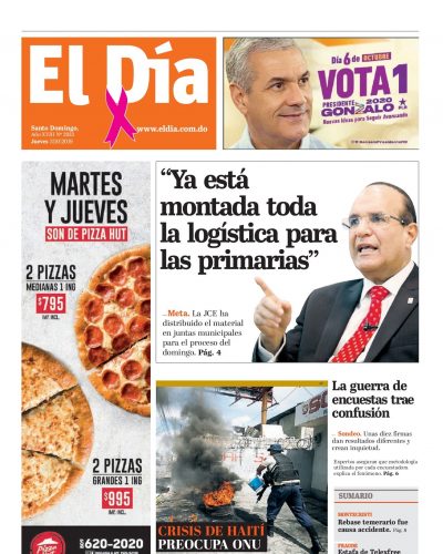 Portada Periódico El Día, Jueves 03 de Octubre, 2019