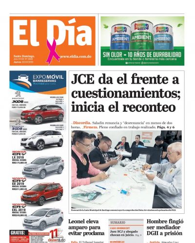 Portada Periódico El Día, Jueves 08 de Octubre, 2019