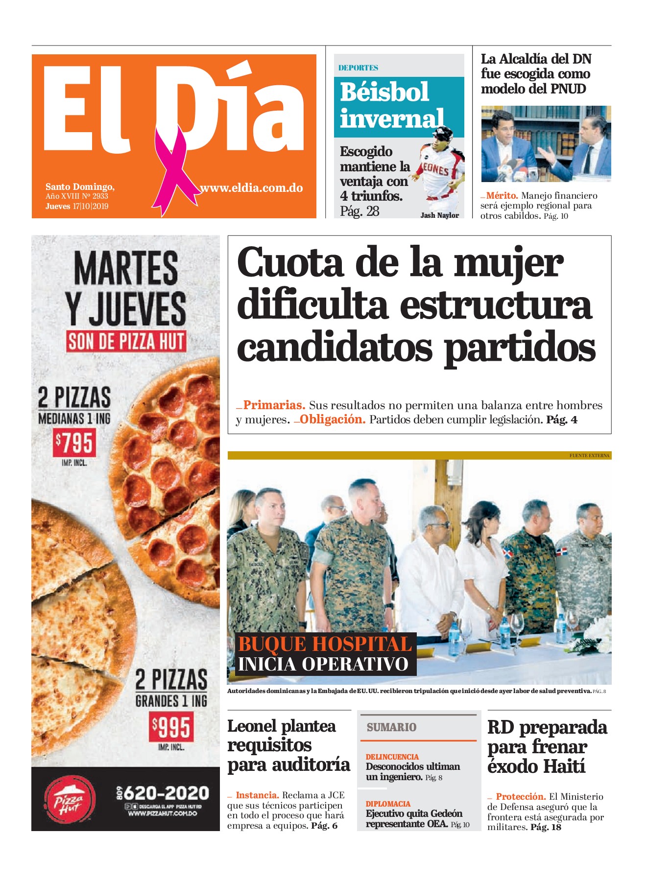 Portada Periódico El Día, Jueves 17 de Octubre, 2019