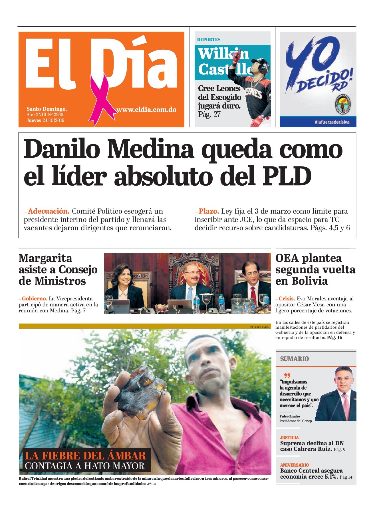 Portada Periódico El Día, Jueves 24 de Octubre, 2019