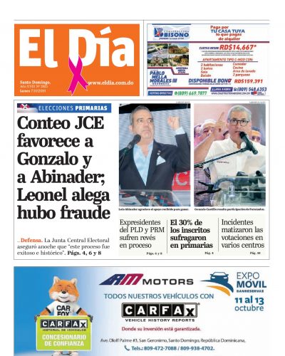 Portada Periódico El Día, Lunes 05 de Octubre, 2019