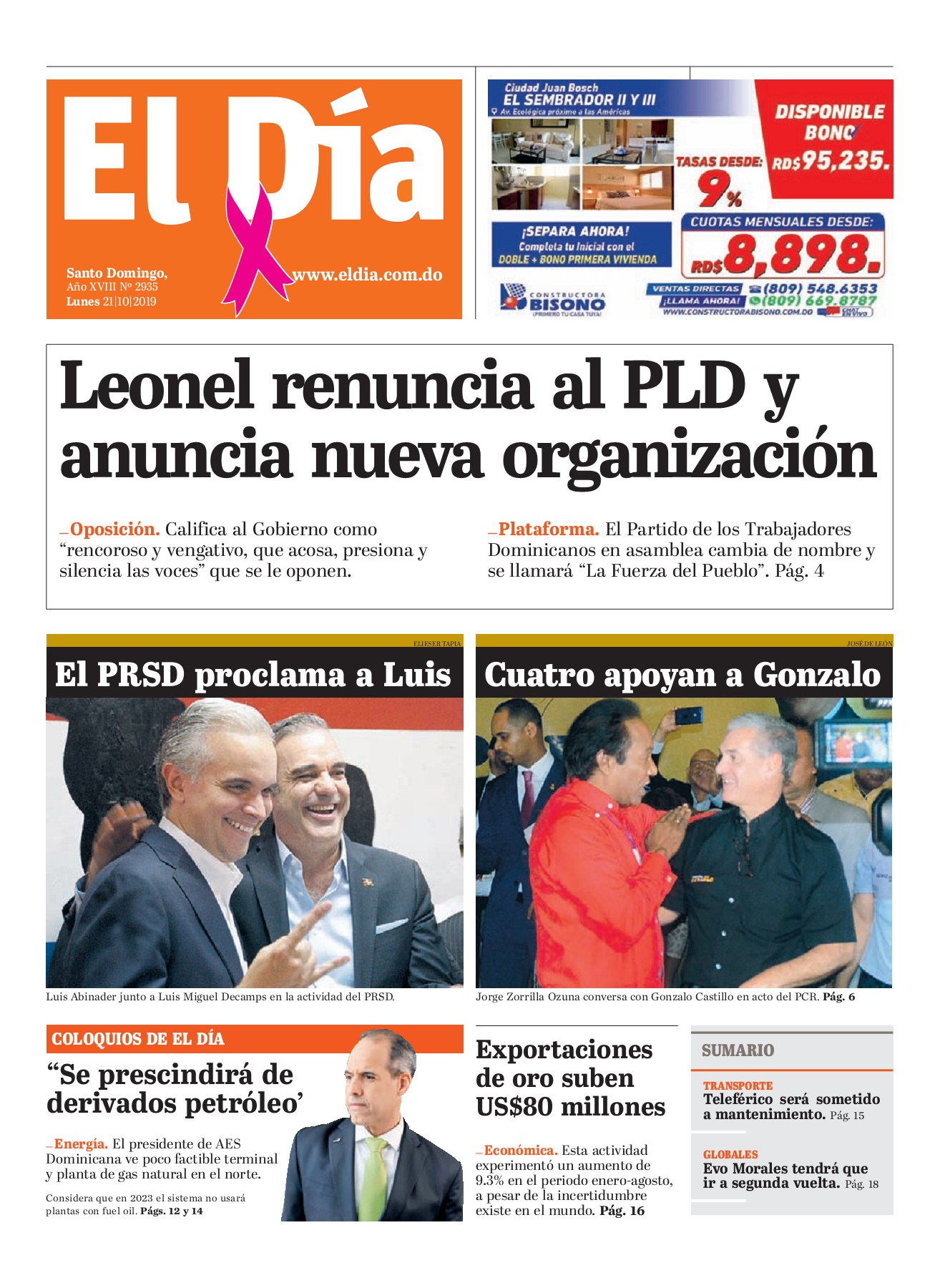 Portada Periódico El Día, Lunes 21 de Octubre, 2019