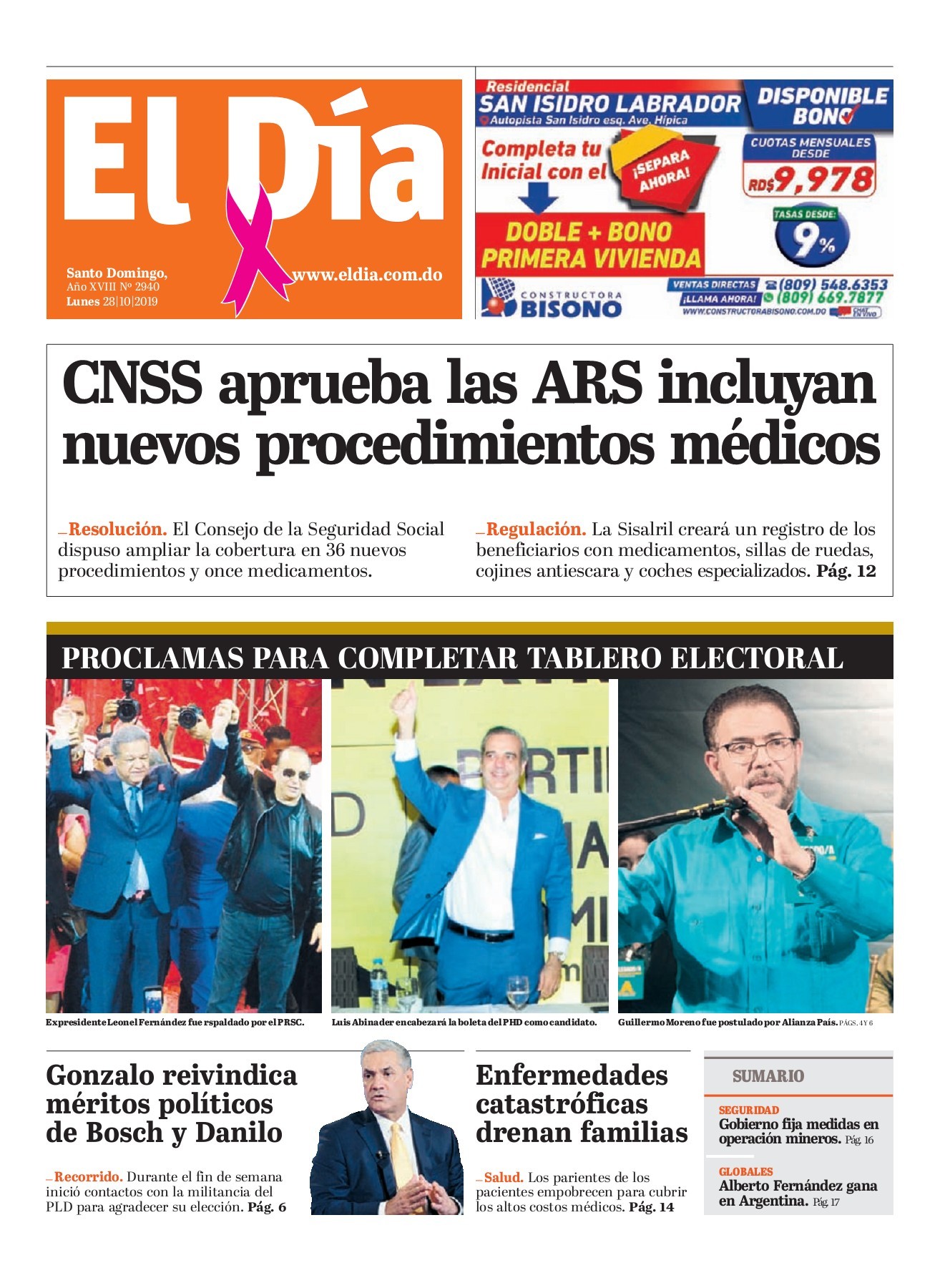 Portada Periódico El Día, Lunes 28 de Octubre, 2019