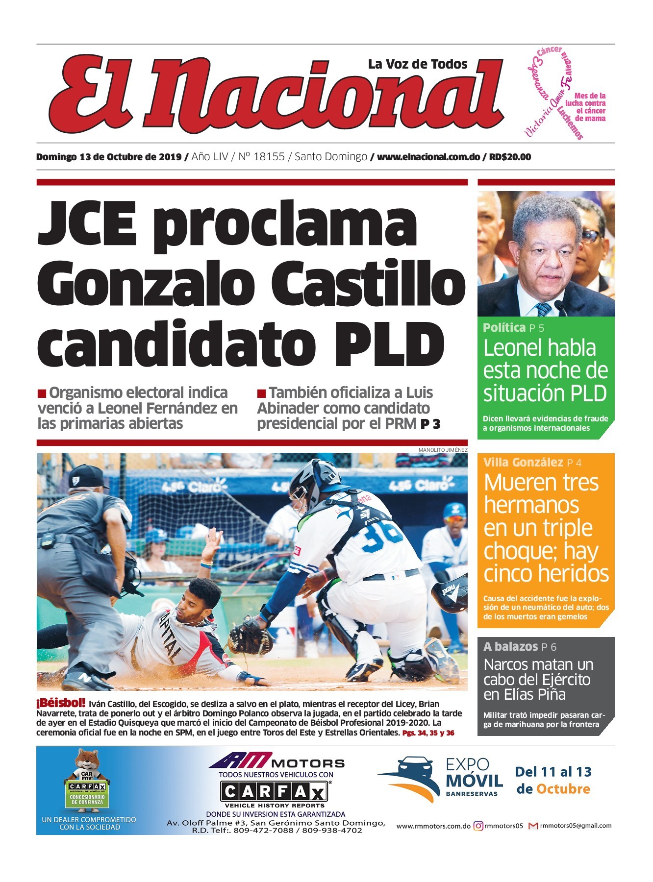 Portada Periódico El Nacional, Domingo 13 de Octubre, 2019