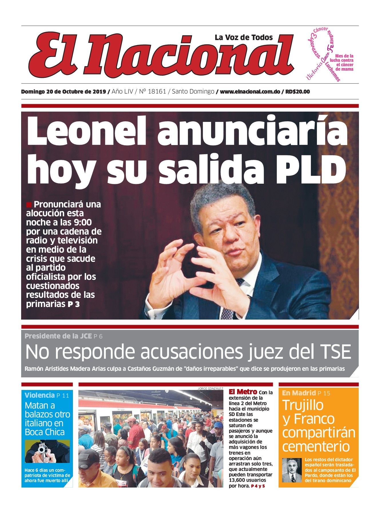 Portada Periódico El Nacional, Domingo 20 de Octubre, 2019
