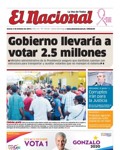 Portada Periódico El Nacional, Jueves 03 de Octubre, 2019
