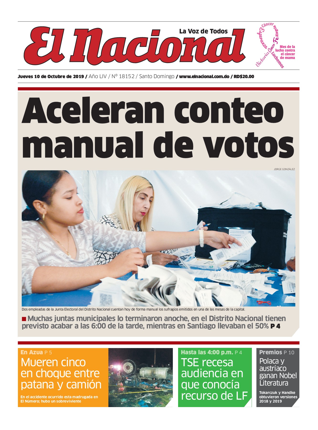 Portada Periódico El Nacional, Jueves 08 de Octubre, 2019