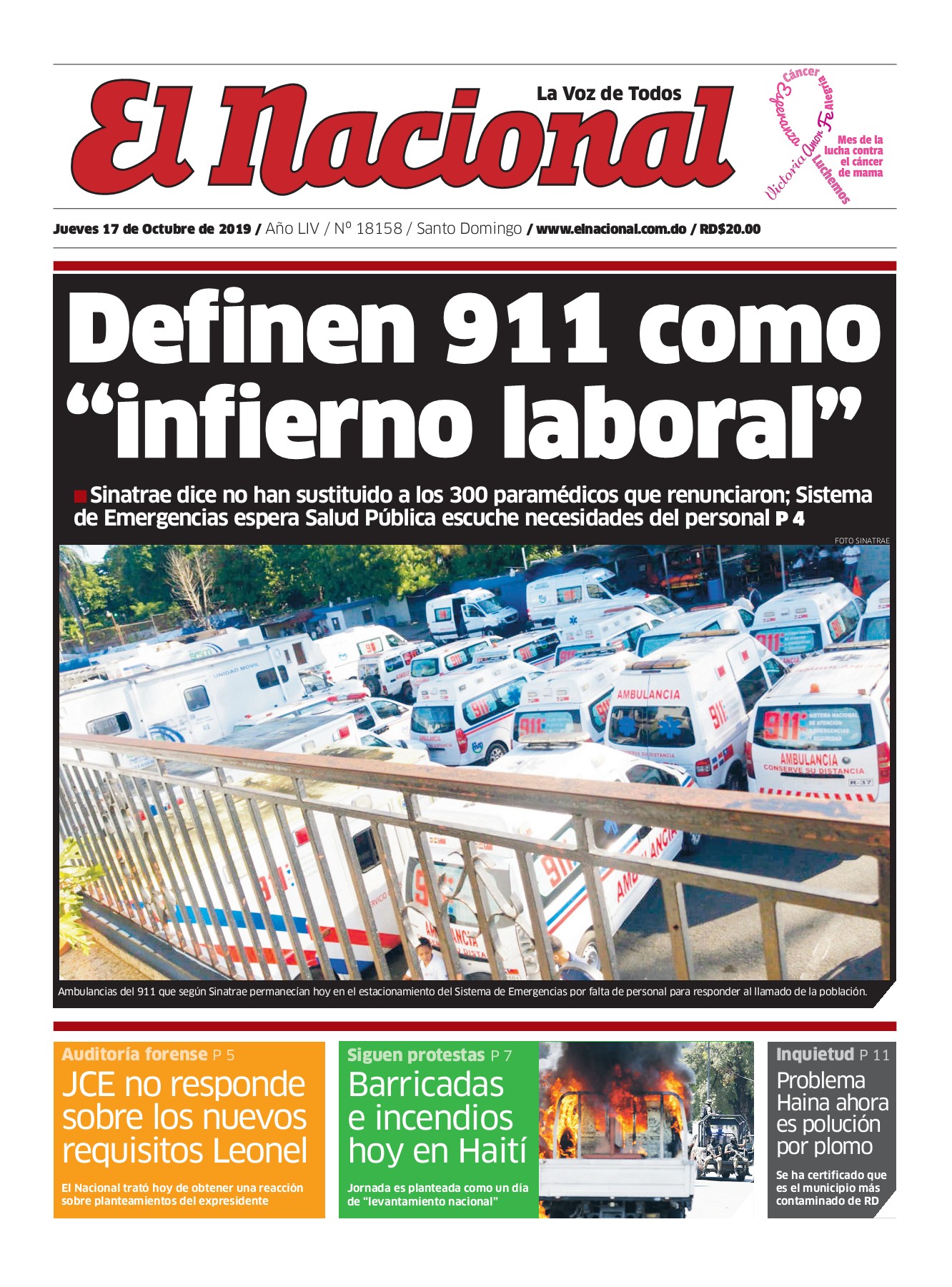 Portada Periódico El Nacional, Jueves 17 de Octubre, 2019