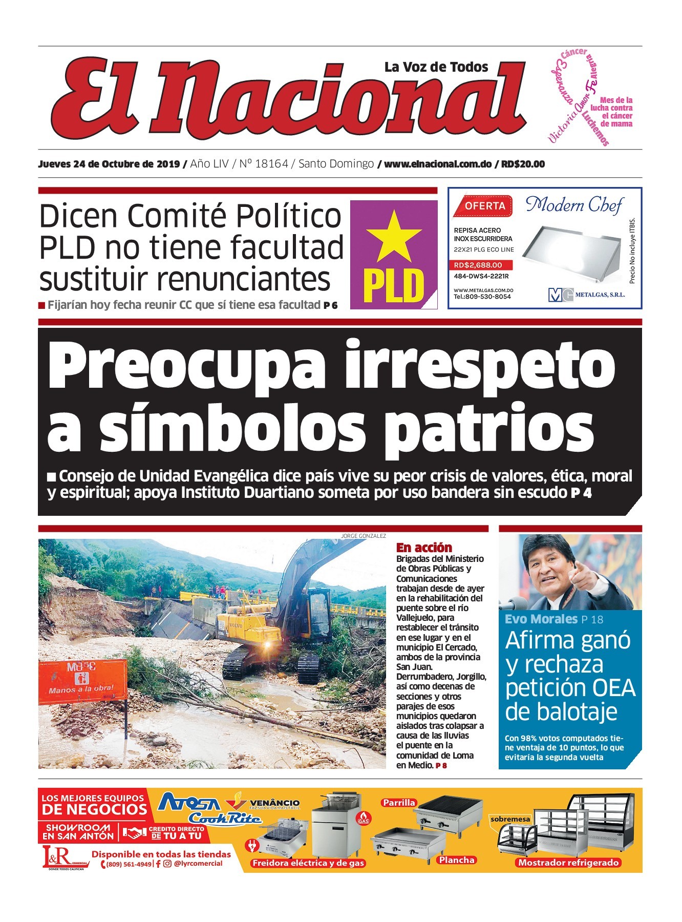 Portada Periódico El Nacional, Jueves 24 de Octubre, 2019