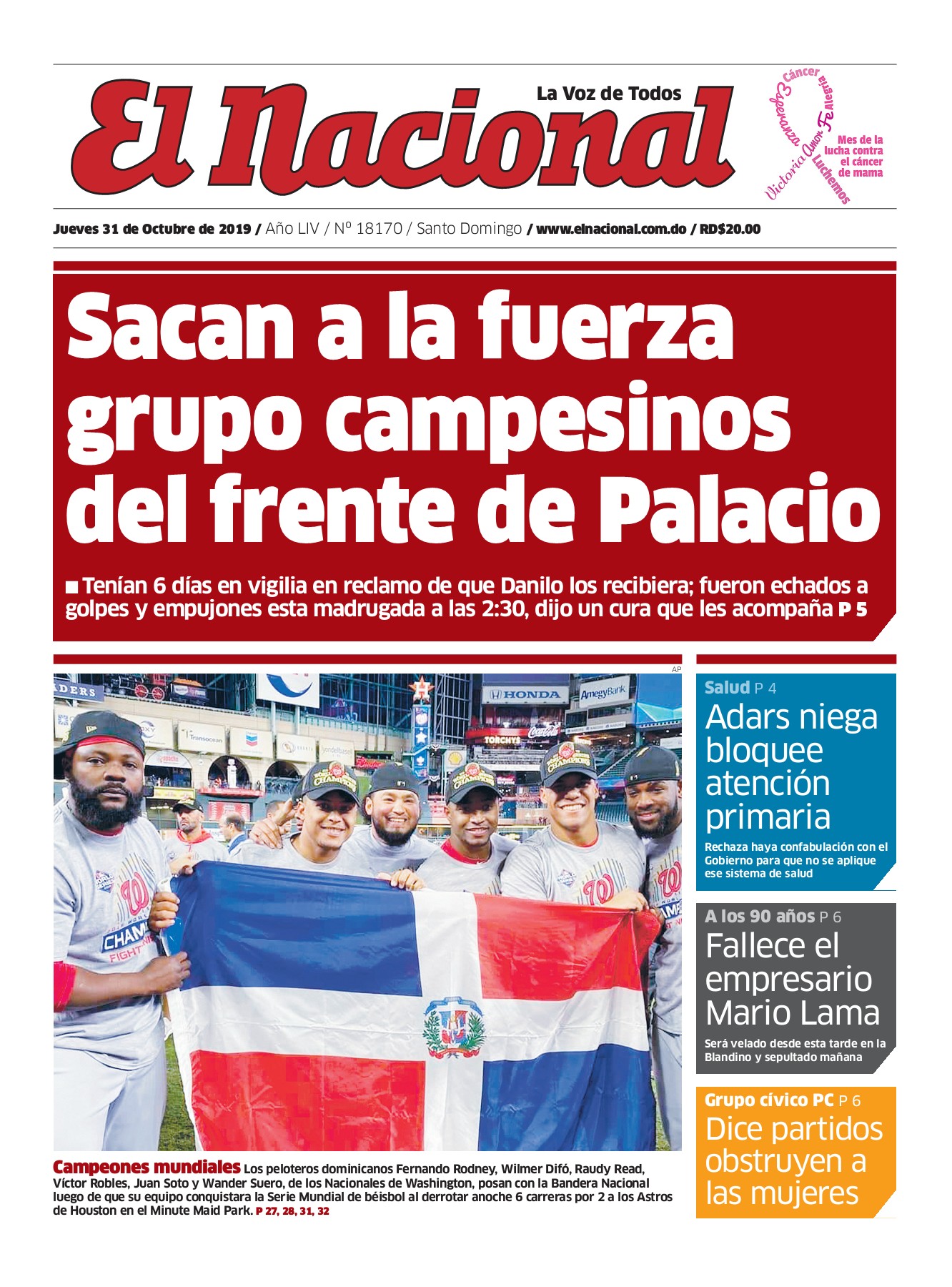Portada Periódico El Nacional, Jueves 31 de Octubre, 2019