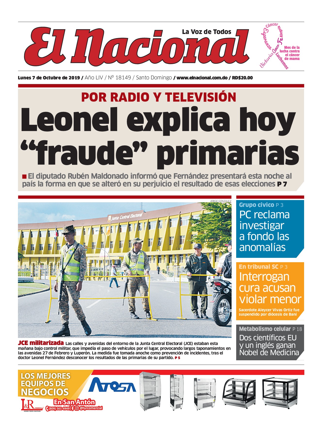 Portada Periódico El Nacional, Lunes 05 de Octubre, 2019
