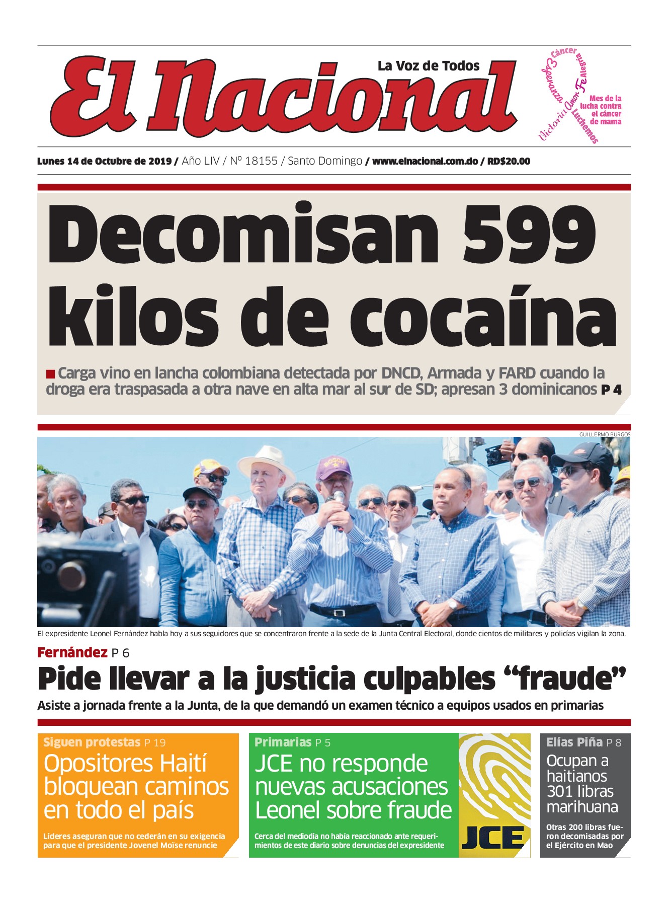Portada Periódico El Nacional, Lunes 14 de Octubre, 2019