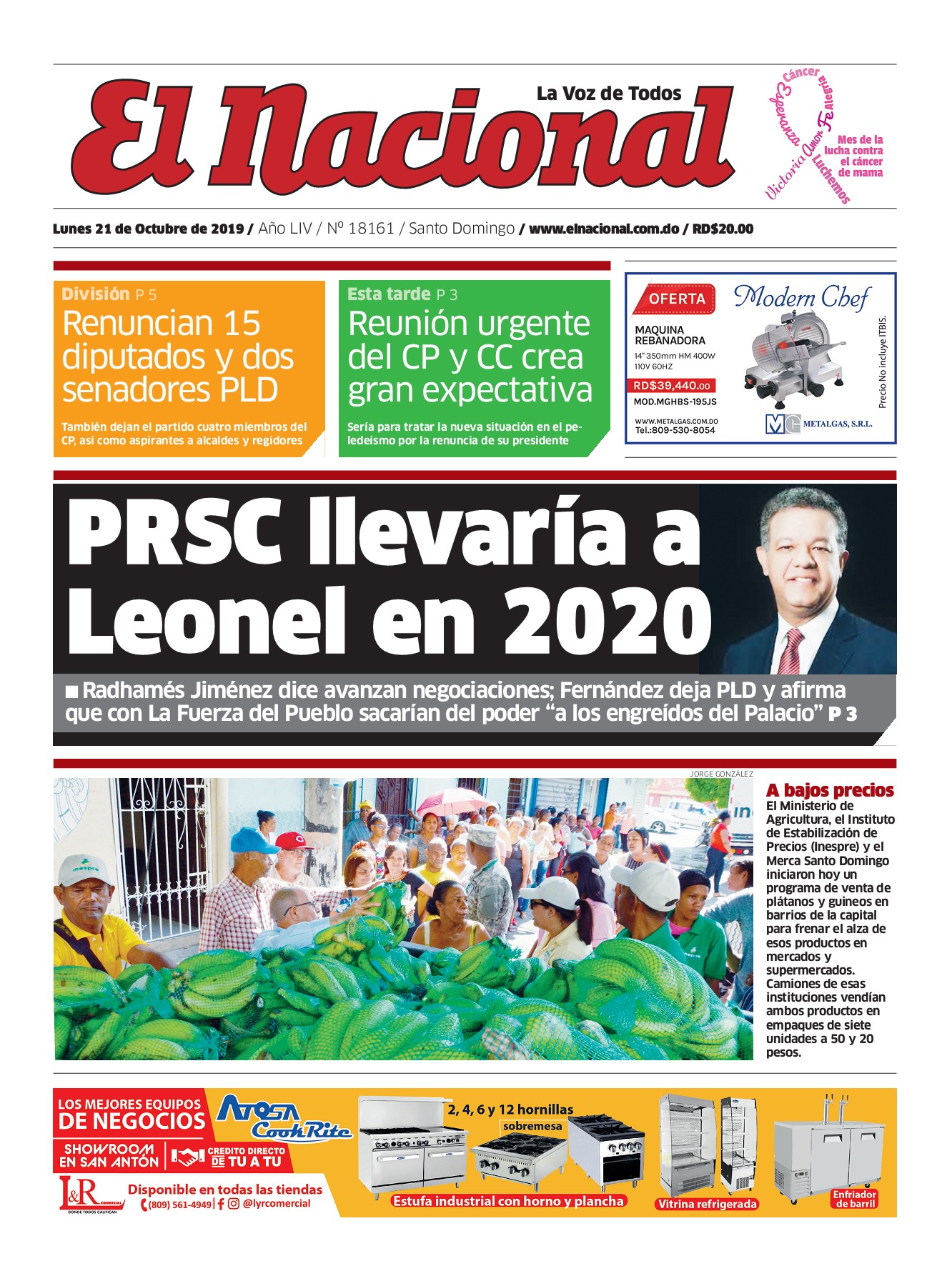Portada Periódico El Nacional, Lunes 21 de Octubre, 2019
