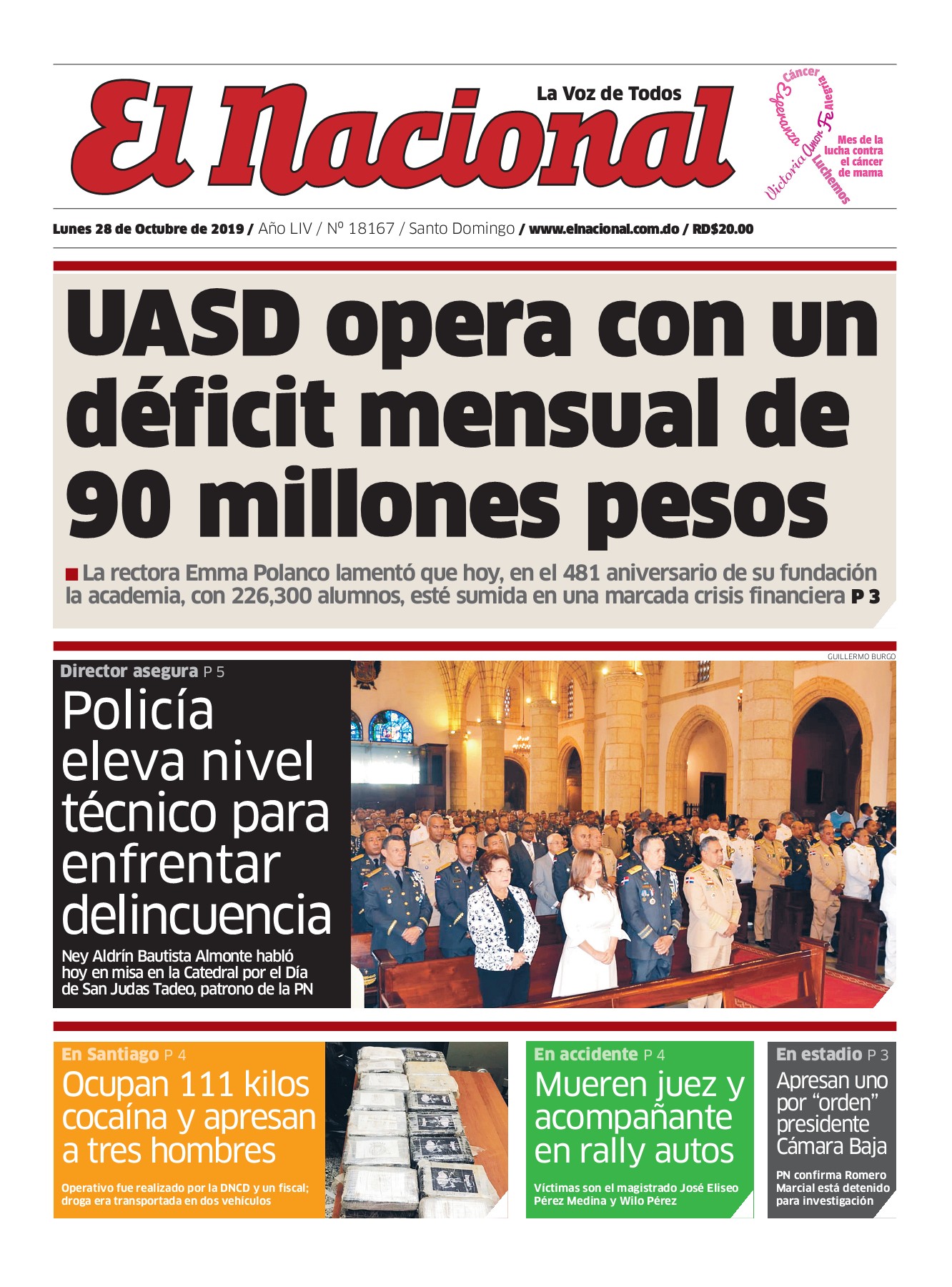 Portada Periódico El Nacional, Lunes 28 de Octubre, 2019