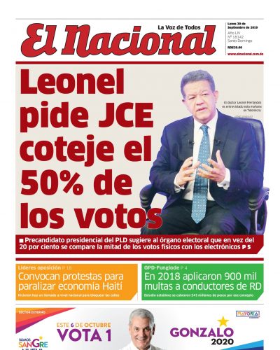 Portada Periódico El Nacional, Lunes 30 de Septiembre, 2019