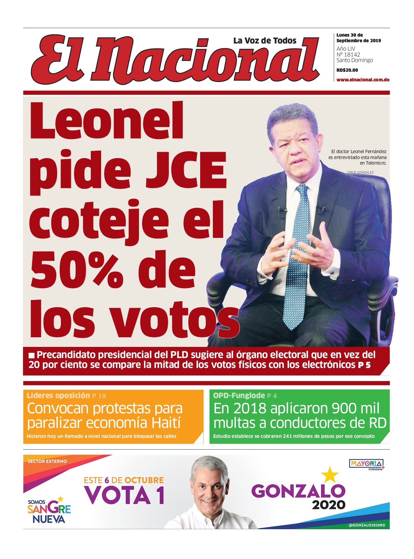 Portada Periódico El Nacional, Lunes 30 de Septiembre, 2019