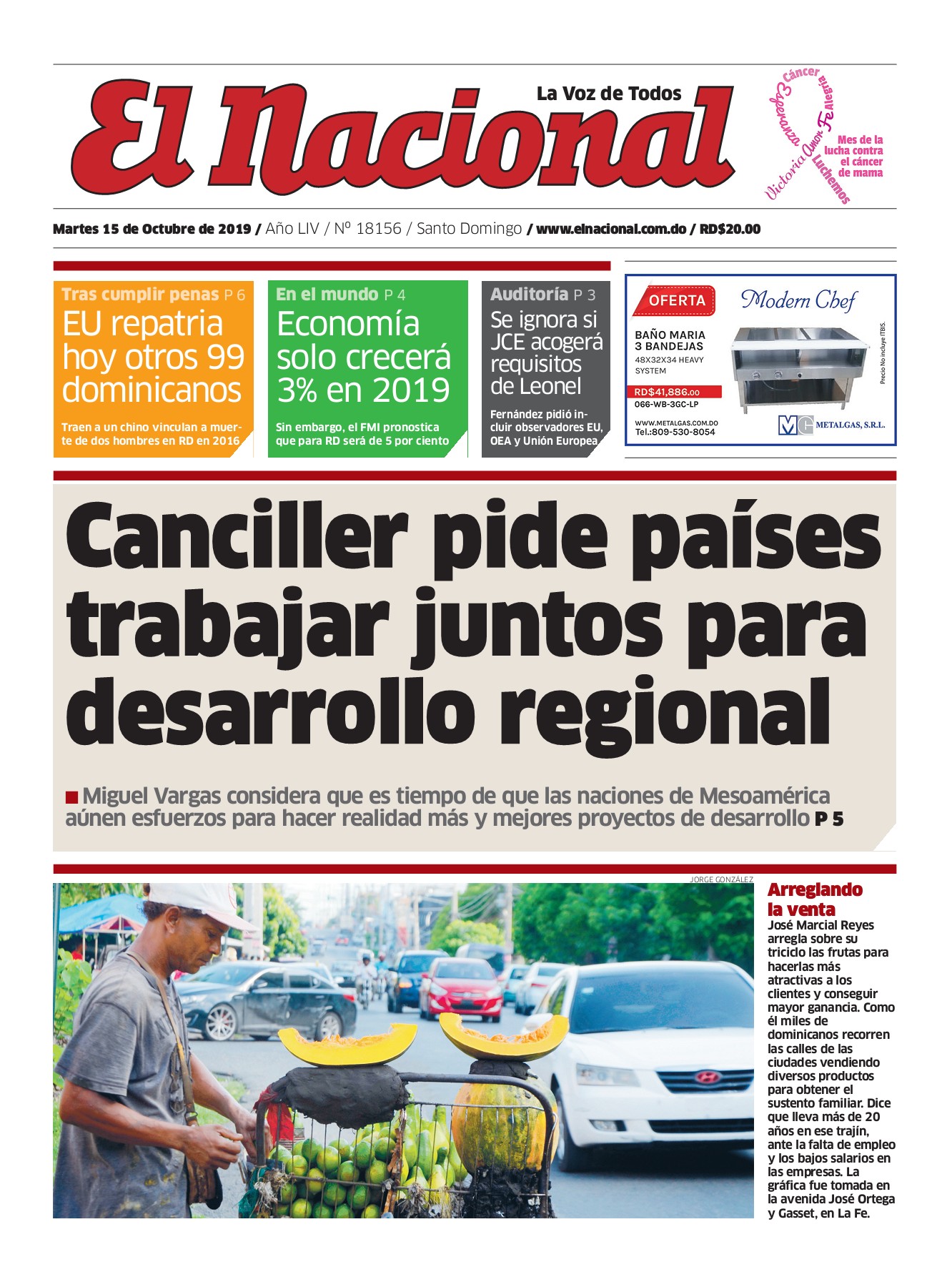 Portada Periódico El Nacional, Martes 15 de Octubre, 2019