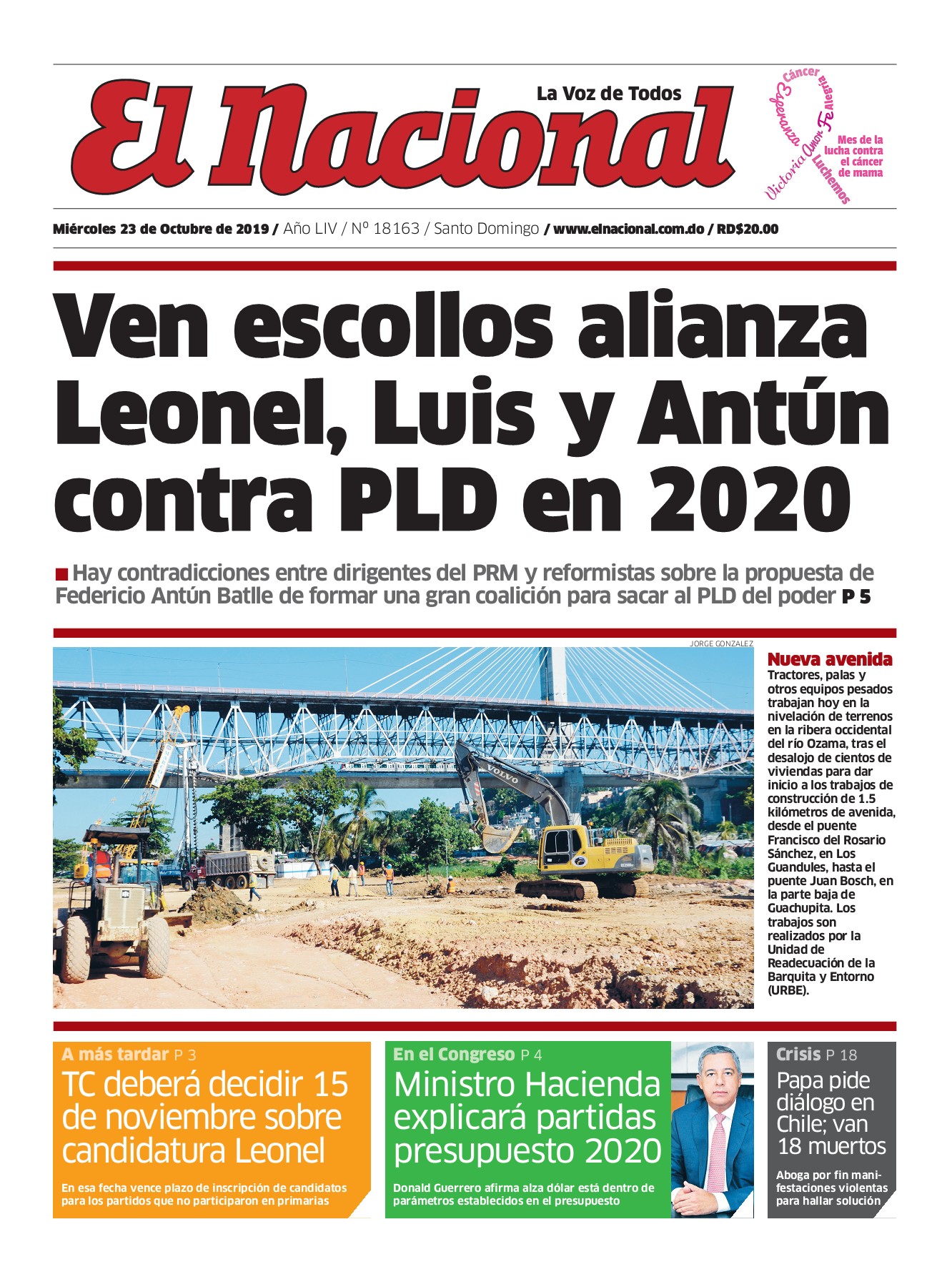 Portada Periódico El Nacional, Miércoles 23 de Octubre, 2019