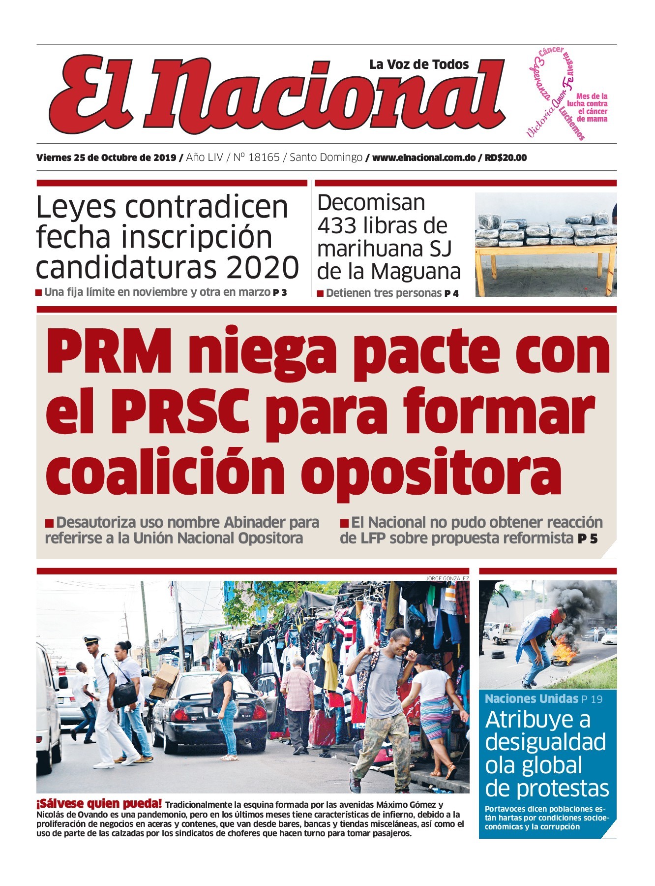 Portada Periódico El Nacional, Viernes 25 de Octubre, 2019