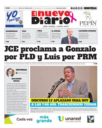 Portada Periódico El Nuevo Diario, Domingo 13 de Octubre, 2019