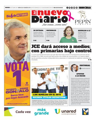 Portada Periódico El Nuevo Diario, Jueves 03 de Octubre, 2019
