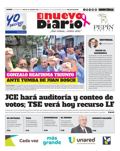 Portada Periódico El Nuevo Diario, Jueves 08 de Octubre, 2019