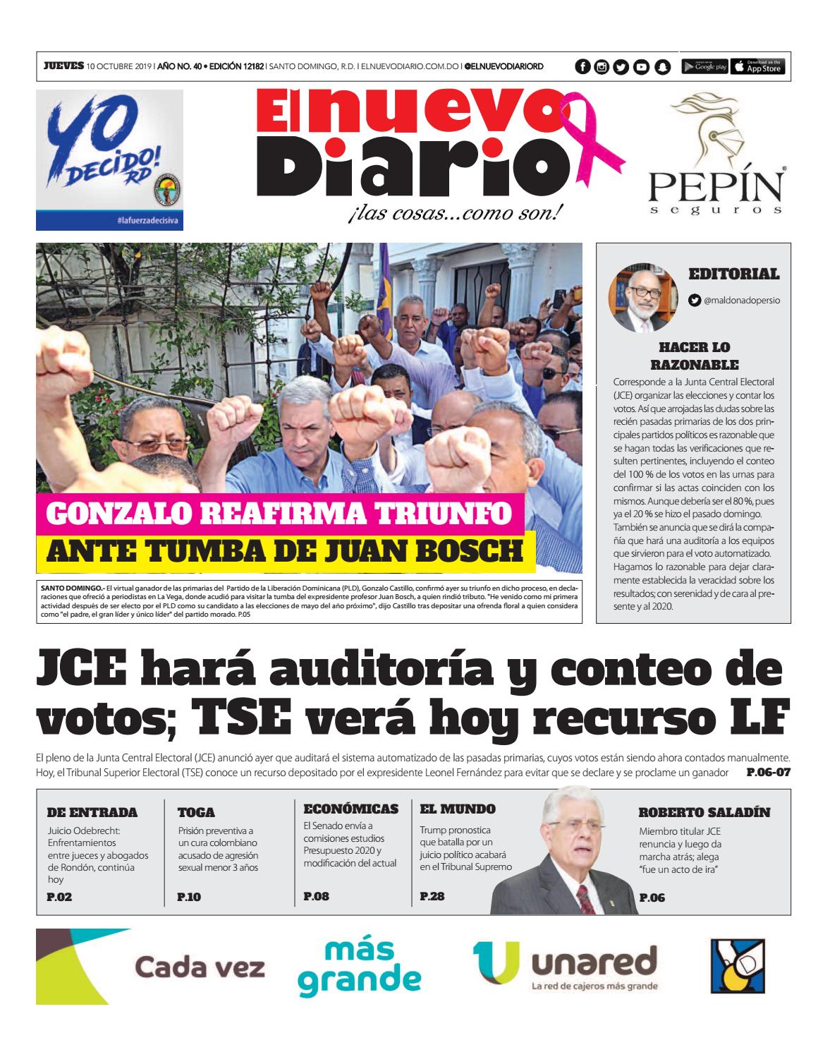 Portada Periódico El Nuevo Diario, Jueves 08 de Octubre, 2019